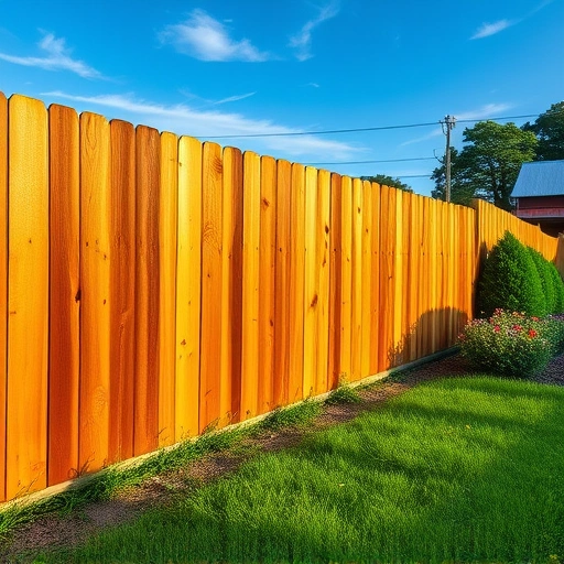 Freshly stained wooden fence in Cohutta GA, glistening in sunlight with lush greenery and blue sky background.