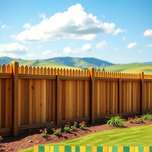 Beautiful wooden fence in Dalton GA surrounded by manicured lawn and colorful flower beds under a clear blue sky.