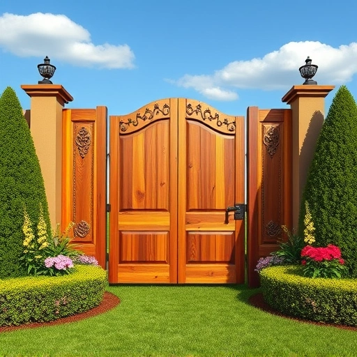 Beautifully crafted wooden gate installation in Cohutta GA surrounded by a vibrant garden and clear blue sky.