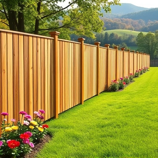 Sturdy wooden fence installation in Ellijay GA, surrounded by vibrant flowers and lush green lawn under soft sunlight.