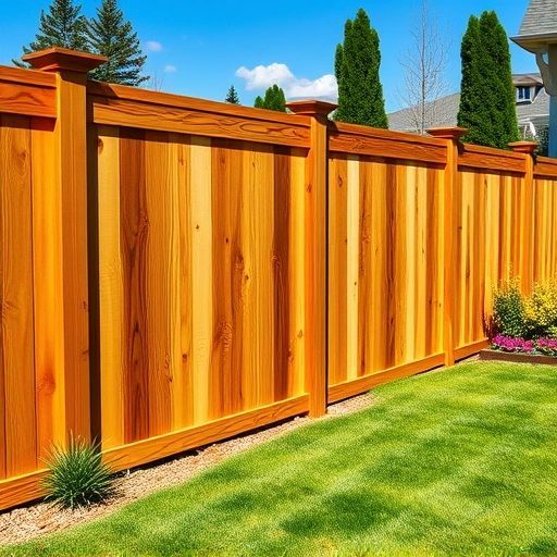 Beautiful wooden fence installation in Menlo GA, surrounded by lush grass and vibrant flower beds under a clear sky.