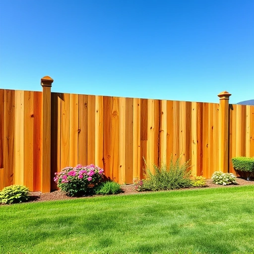 Wooden fence installation in Fort Oglethorpe GA with lush lawn, vibrant flowers, and rolling hills in background.