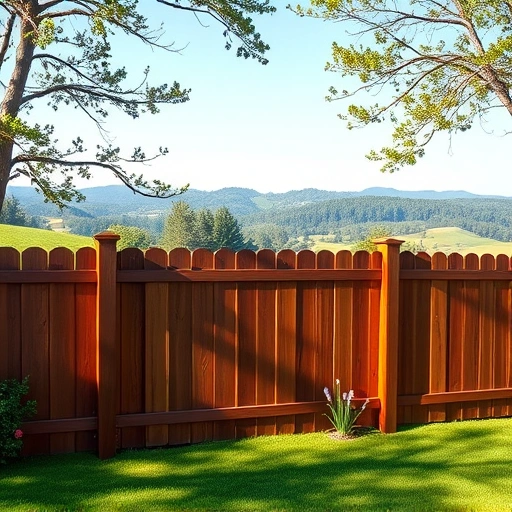 Freshly stained wooden fence in Cohutta GA, showcasing rich hues, lush grass, and a serene landscape.