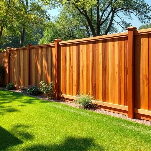 Beautifully crafted wooden fence in Cohutta GA, freshly stained with vibrant grass and flower beds in the background.