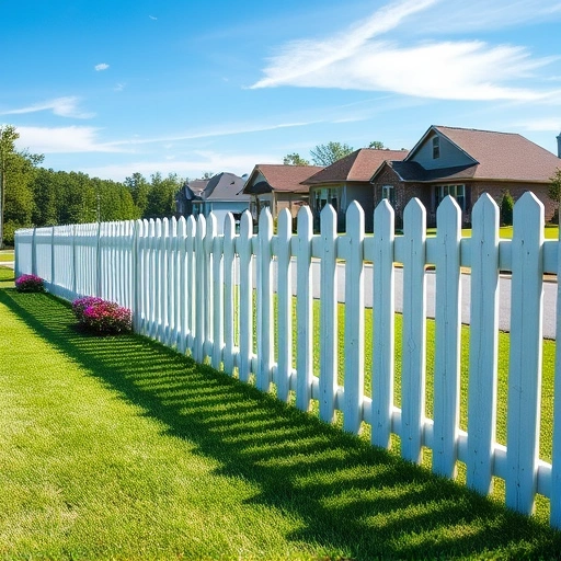 Completed white picket fence in Cohutta GA with manicured lawn, shrubs, and blue sky, showcasing quality craftsmanship.