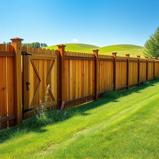 Wooden fence installation in Rainsville AL, surrounded by green grass and wildflowers in a serene backyard setting.