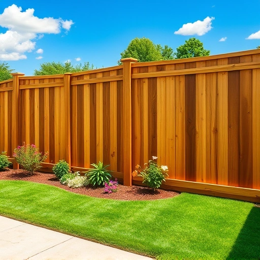 Completed wooden privacy fence in Chatsworth GA, showcasing craftsmanship in a lush backyard with flowers and clear sky.