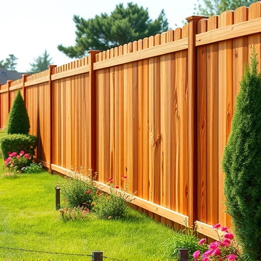 Beautiful wooden fence installation in Collinsville AL with vibrant lawn and colorful flowers in serene setting.