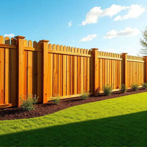 Beautiful wooden fence installation in Summerville GA, surrounded by lush grass and vibrant flower beds under a clear sky.