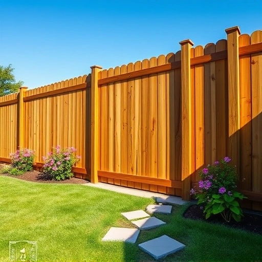 Completed wooden fence in Cohutta GA, showcasing craftsmanship in a vibrant yard with flowers and a clear sky.