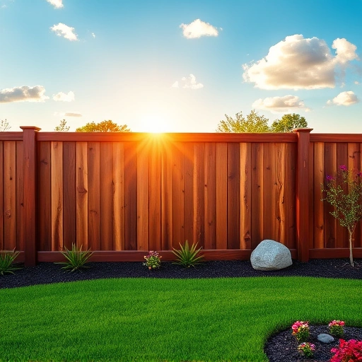 Modern wooden privacy fence in Henagar AL with landscaped backyard, rich cedar wood, and serene garden setting.