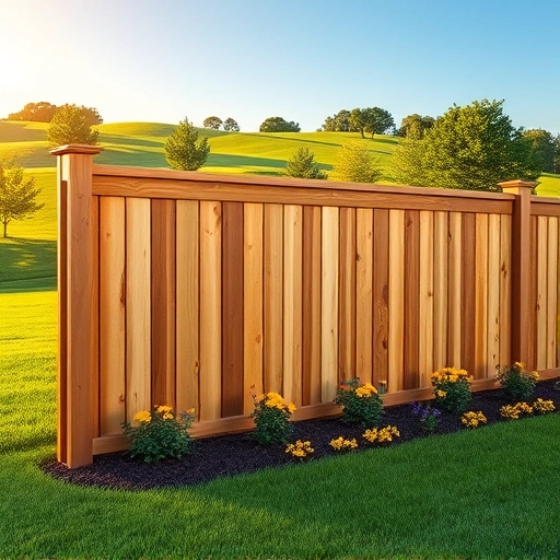 Completed wooden fence installation in Fairmount GA, surrounded by lush grass and blooming flower beds under a clear blue sky.