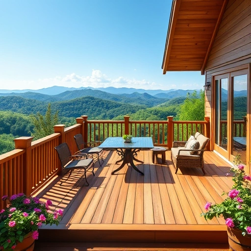 Custom deck in Cohutta GA features polished wood, intricate railings, stylish furniture, and lush landscaping.