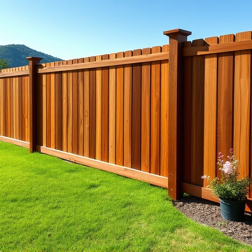 Completed wooden fence installation in Chickamauga GA with vibrant lawn and blooming flowers under a clear sky.