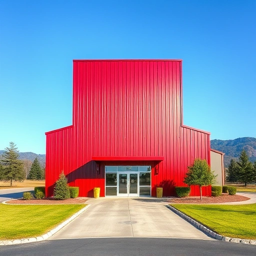 Red Iron Steel Building in Cohutta GA with lush landscaping, a clear sky, and a polished driveway and stonework.
