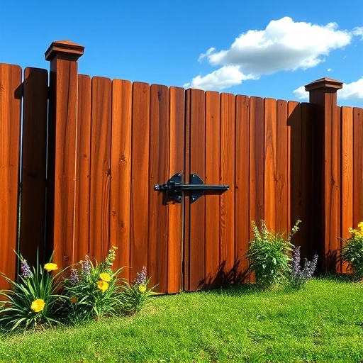 Completed wooden fence in Jacksonville AL, featuring dark-stained cedar, lush grass, vibrant flowers, and blue sky.