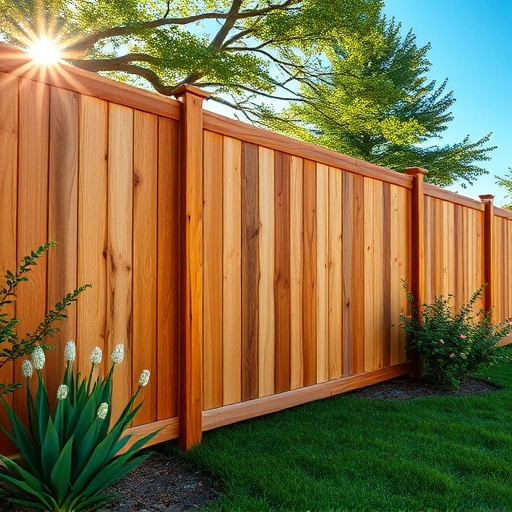 Beautiful wooden privacy fence in Rome GA surrounded by greenery and colorful flowers under a clear blue sky.