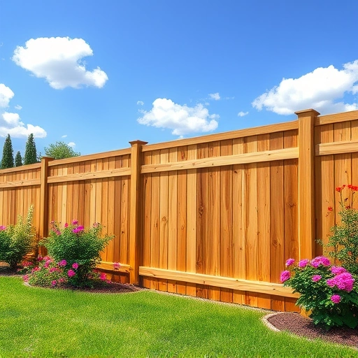 Completed wooden fence installation in Rome GA with natural color, lush grass, flowers, and bright blue sky.