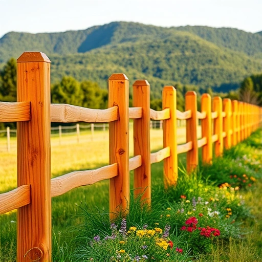 Fence post setting in Cohutta GA with wooden posts, vibrant wildflowers, and lush mountain backdrop. Tranquil rural scene.