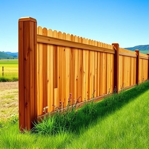 Completed wooden fence installation in Menlo GA with rich tones, detailed craftsmanship, green grass, and wildflowers.