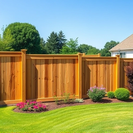 Completed wooden fence installation in Scottsboro AL with natural textures, lush lawn, and vibrant landscaping.
