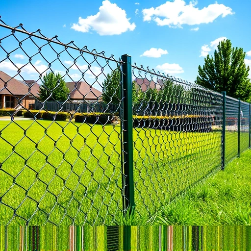 A completed chain link fence installation in Cohutta GA with lush grass, blue sky, and surrounding residential area.