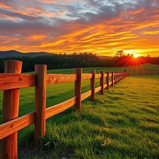 Serene sunset in Cohutta GA with weathered wood fencing along lush green fields and rolling hills.