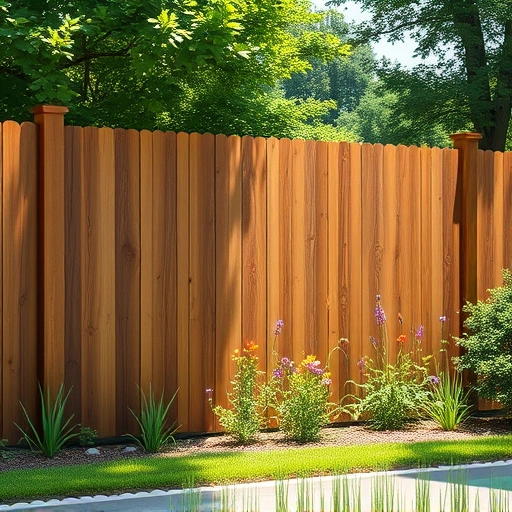 Completed wooden fence installation in Tunnel Hill GA blending with lush greenery and vibrant wildflowers under soft sunlight.