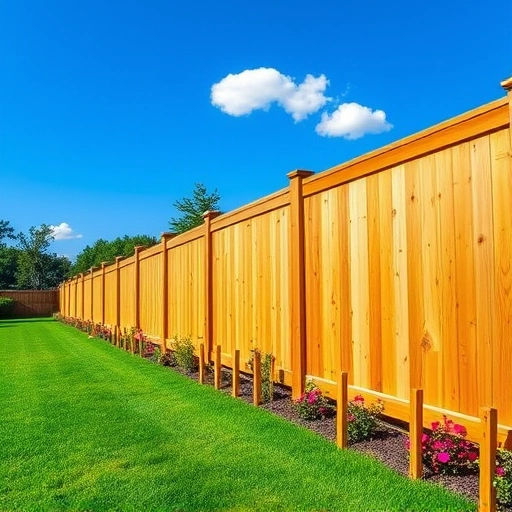 Completed wooden fence installation in Tunnel Hill GA, surrounded by vibrant lawn and flower beds under a clear blue sky.