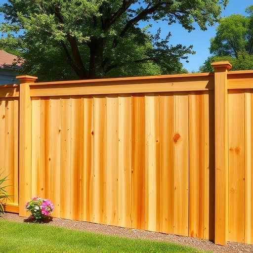 Completed wooden fence installation in Cohutta GA, surrounded by green grass and vibrant flowers under a blue sky.