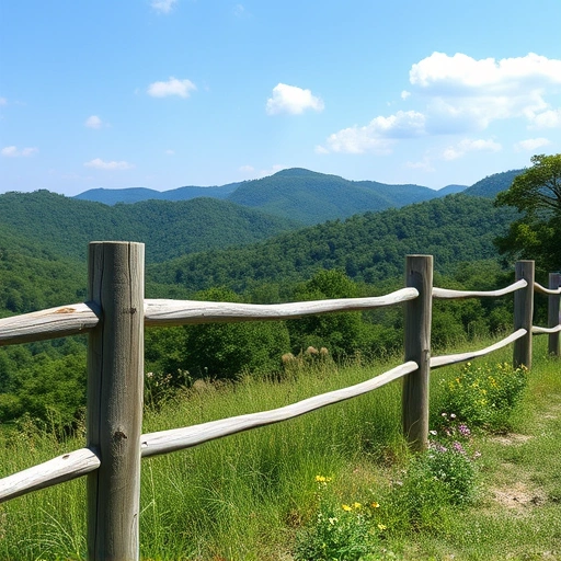 Completed wooden fencing in Cohutta GA surrounded by rolling hills, lush greenery, and wildflowers under a blue sky.