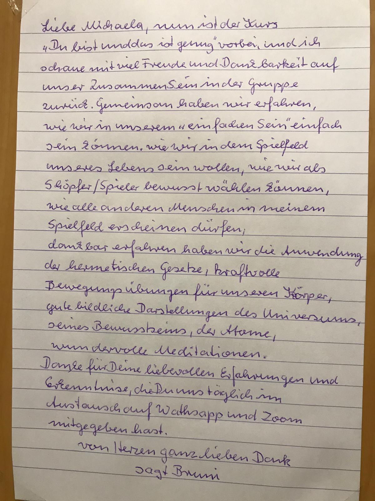 Handgeschriebener Dankesbrief einer Teilnehmerin an Michaela Filler