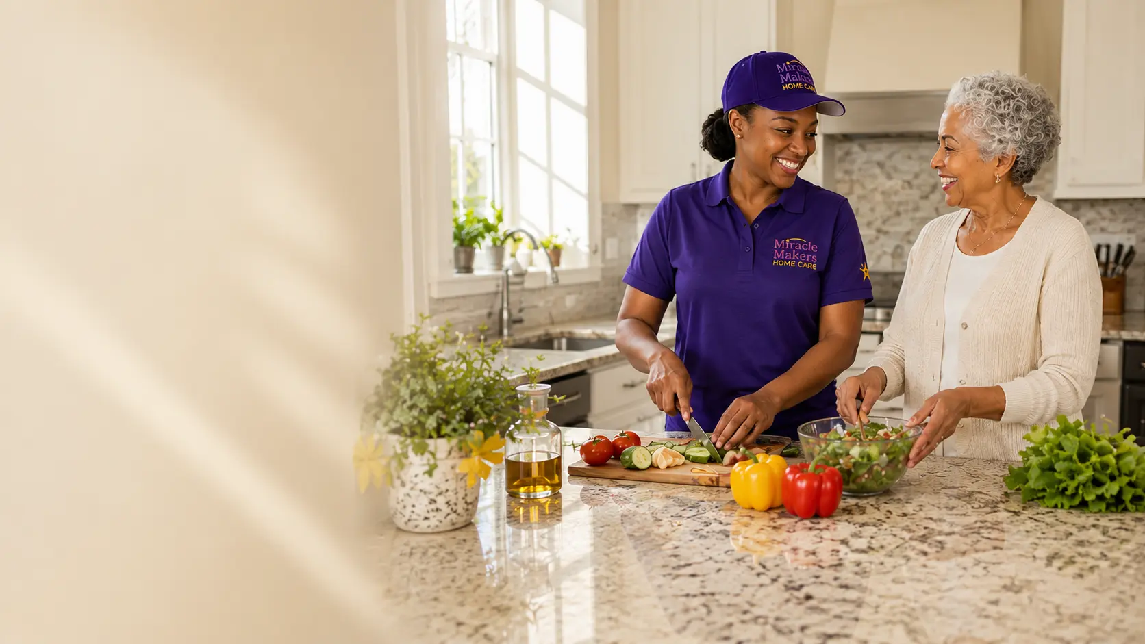 Caregiver helping a senior prepare a healthy meal at home