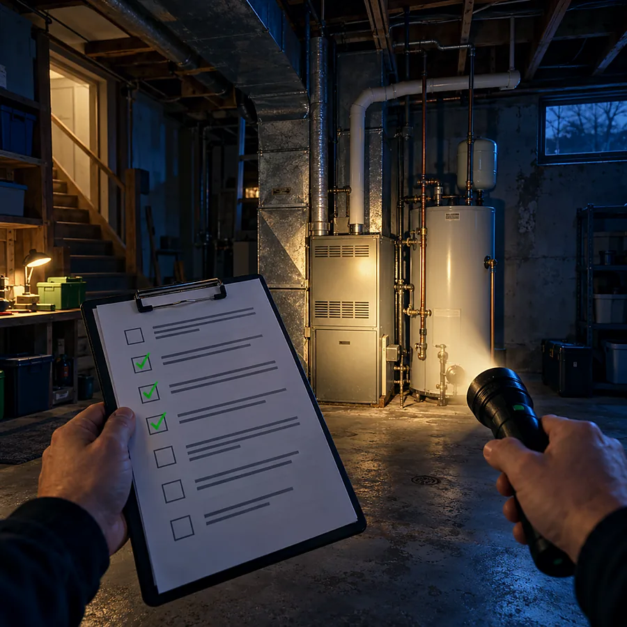 An investor checking a furnace with a checklist and flashlight