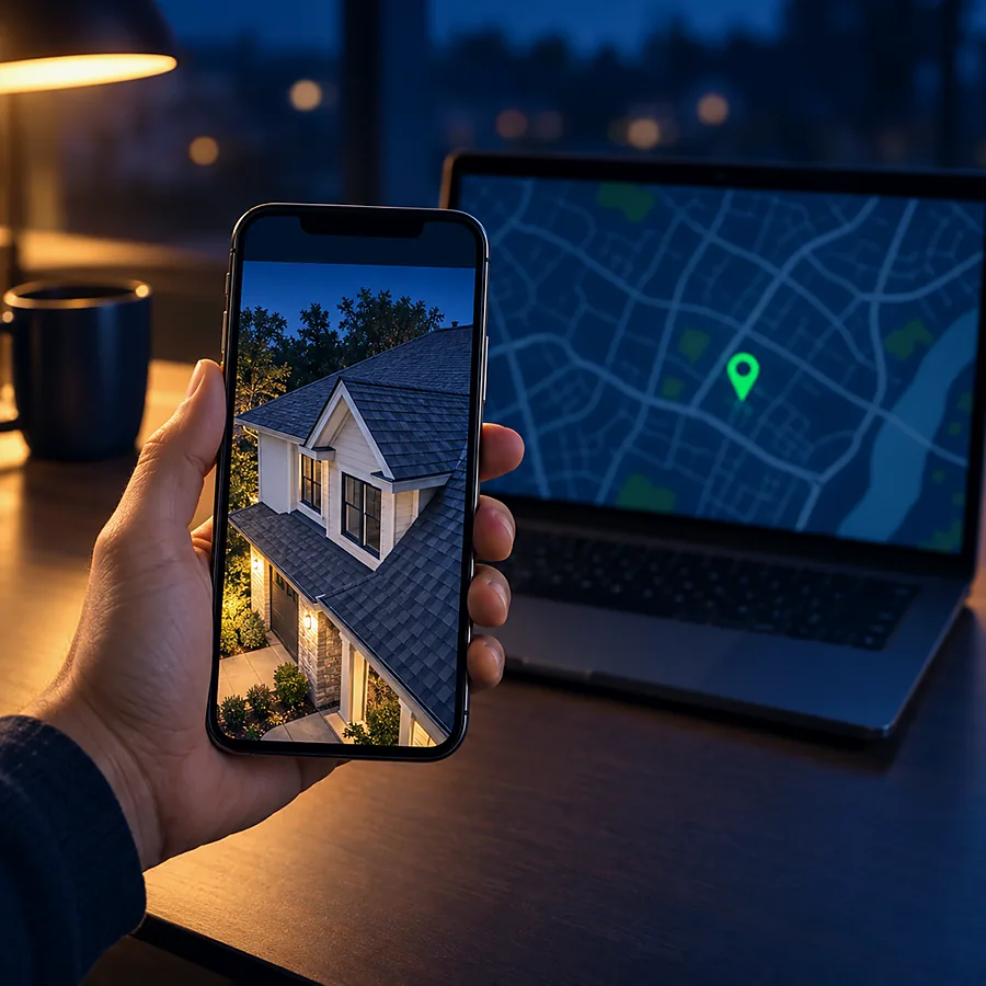 A video walkthrough of a house on a phone, with a map on a laptop behind it