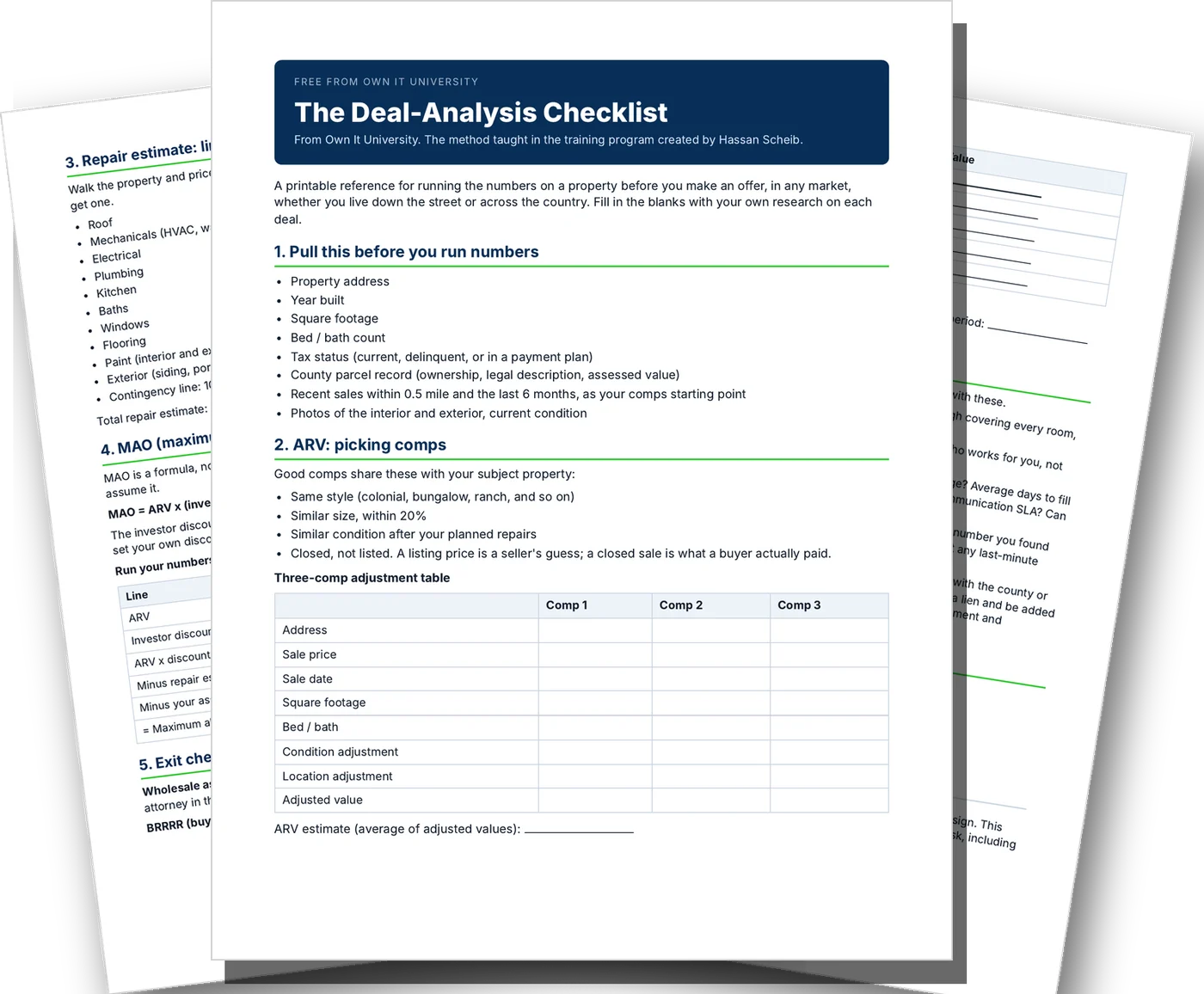 Pages of the Deal-Analysis Checklist: comps table, repair list and maximum offer worksheet