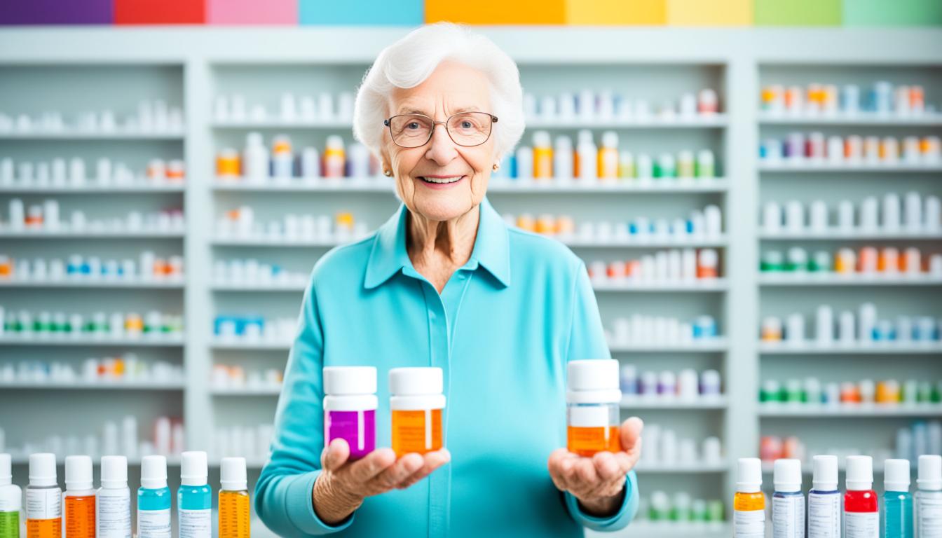 Senior woman picks up prescription at pharmacy counter