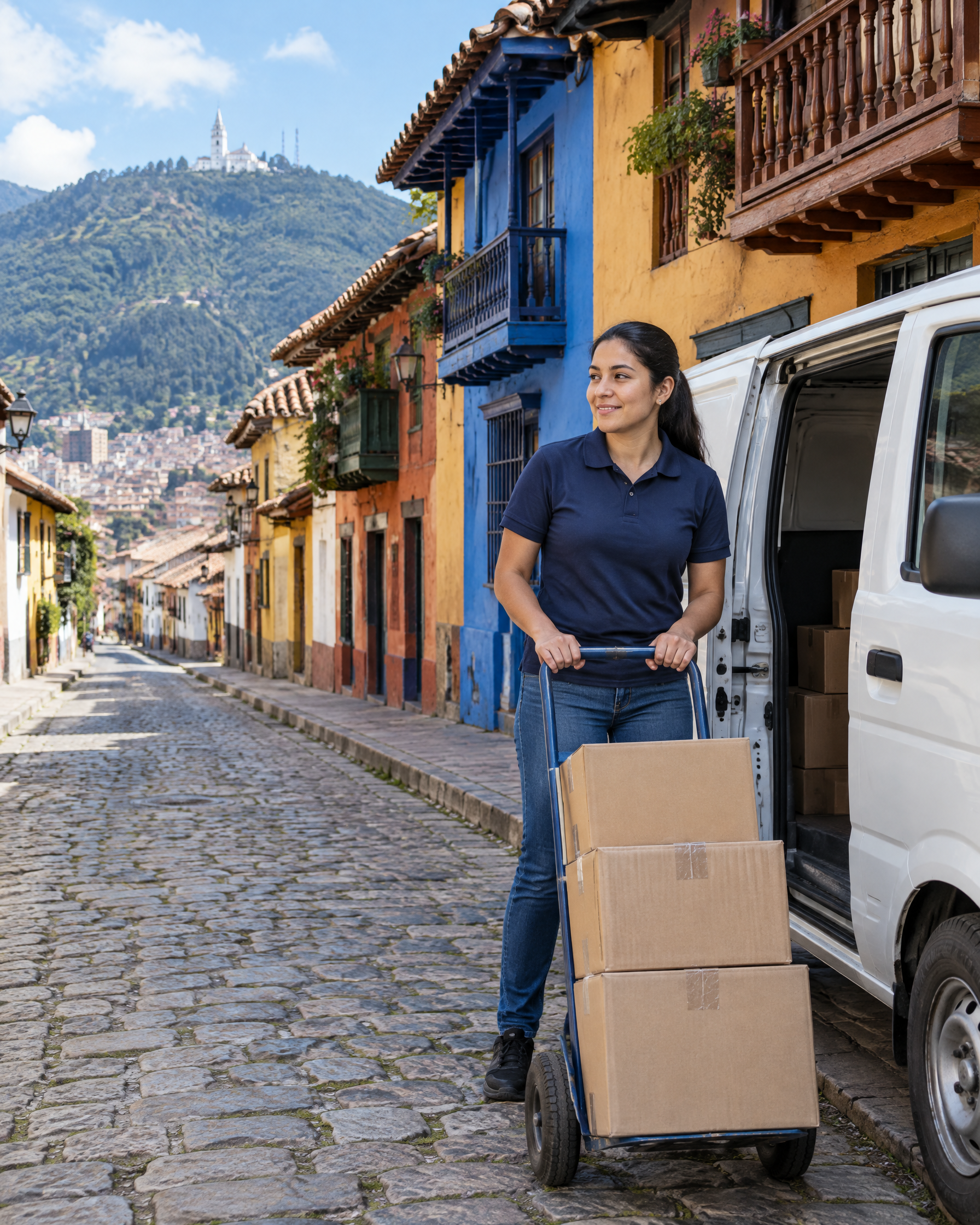 Repartidora con carretilla y cajas junto a una furgoneta en La Candelaria, Bogotá, con Monserrate al fondo
