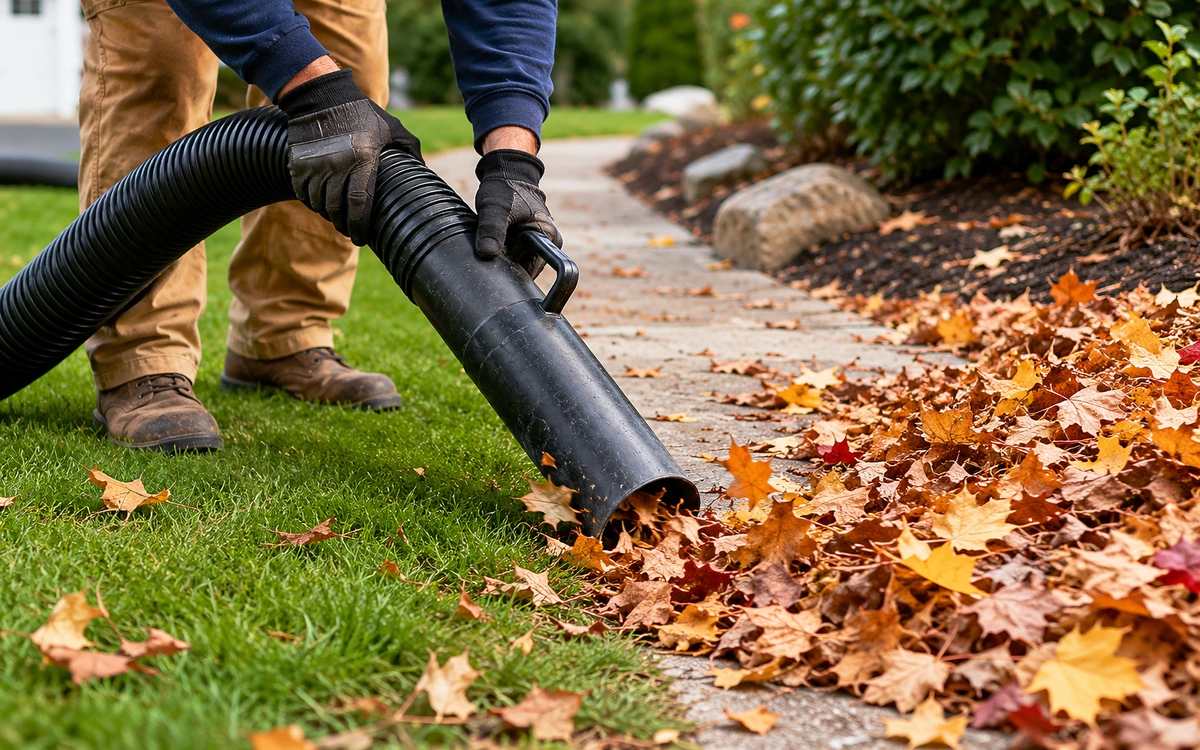 Grow Luck fall leaf cleanup with commercial lawn vacuum in Waukesha, Wisconsin