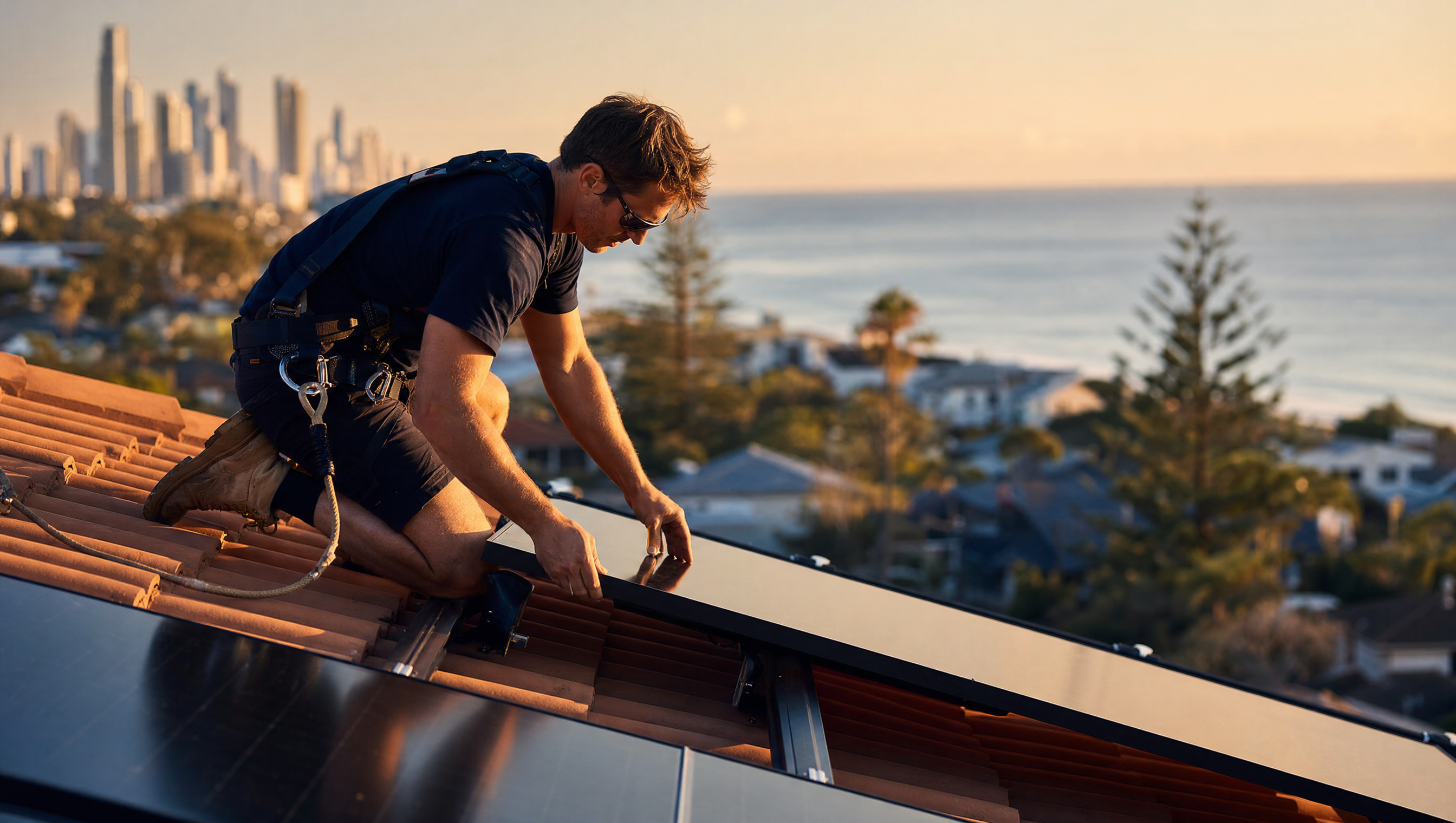 Green Coast Solar installer fitting a panel on a Gold Coast rooftop at golden hour
