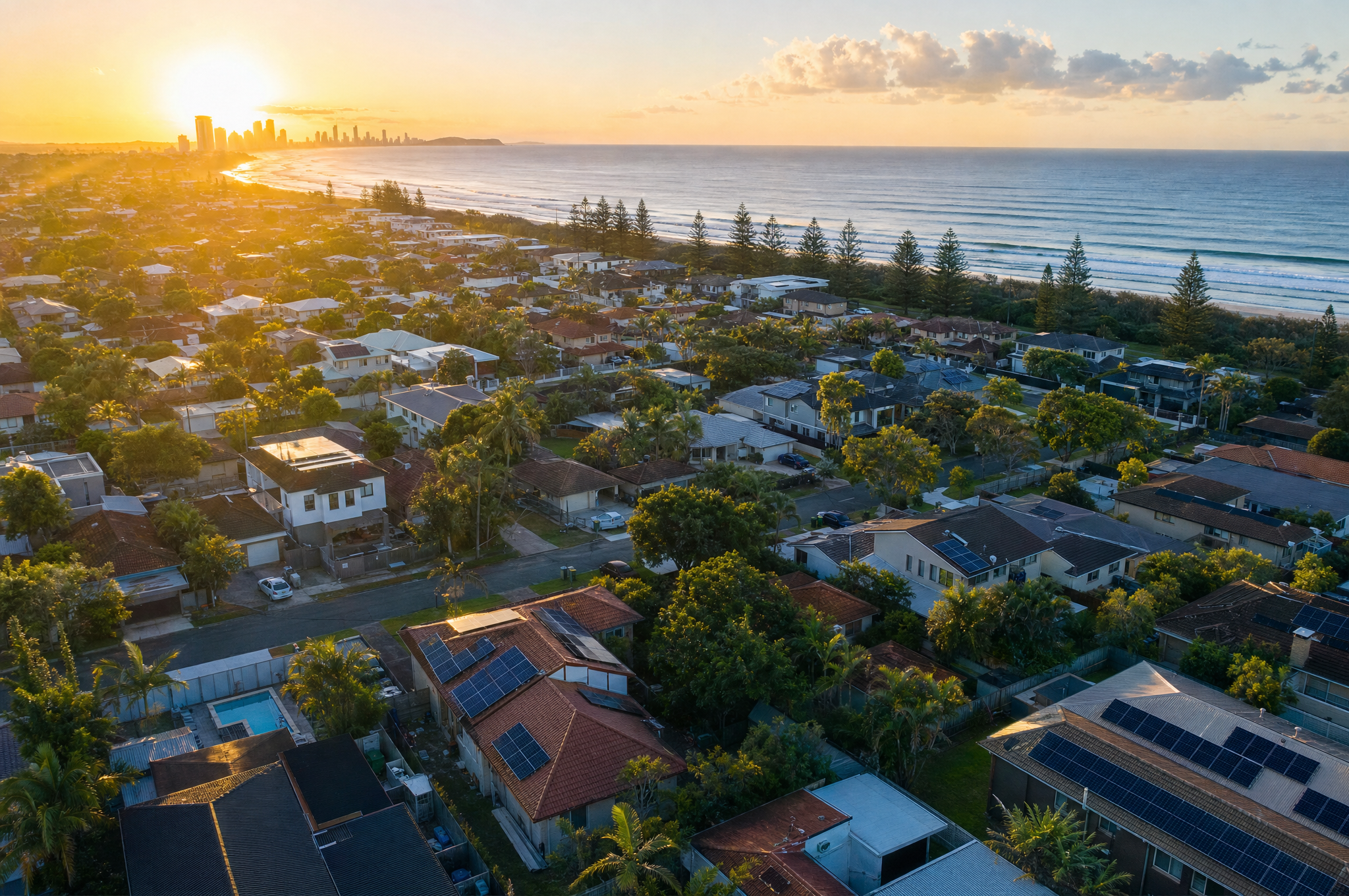 Sunrise over a Gold Coast suburb with rooftop solar on many homes