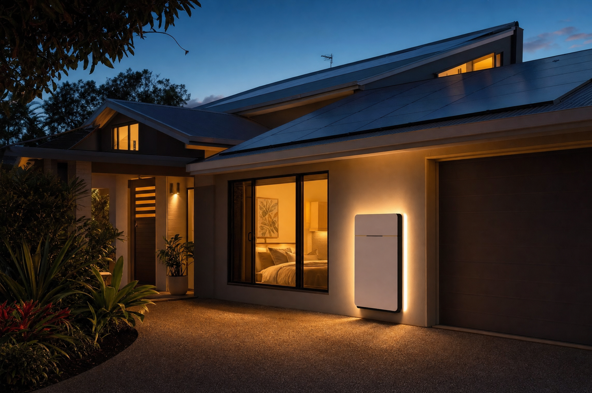 Queensland home at dusk with rooftop solar and a wall-mounted home battery