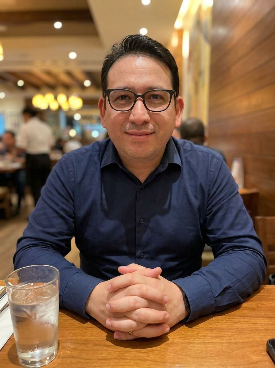 Christian Garba conversando en una mesa