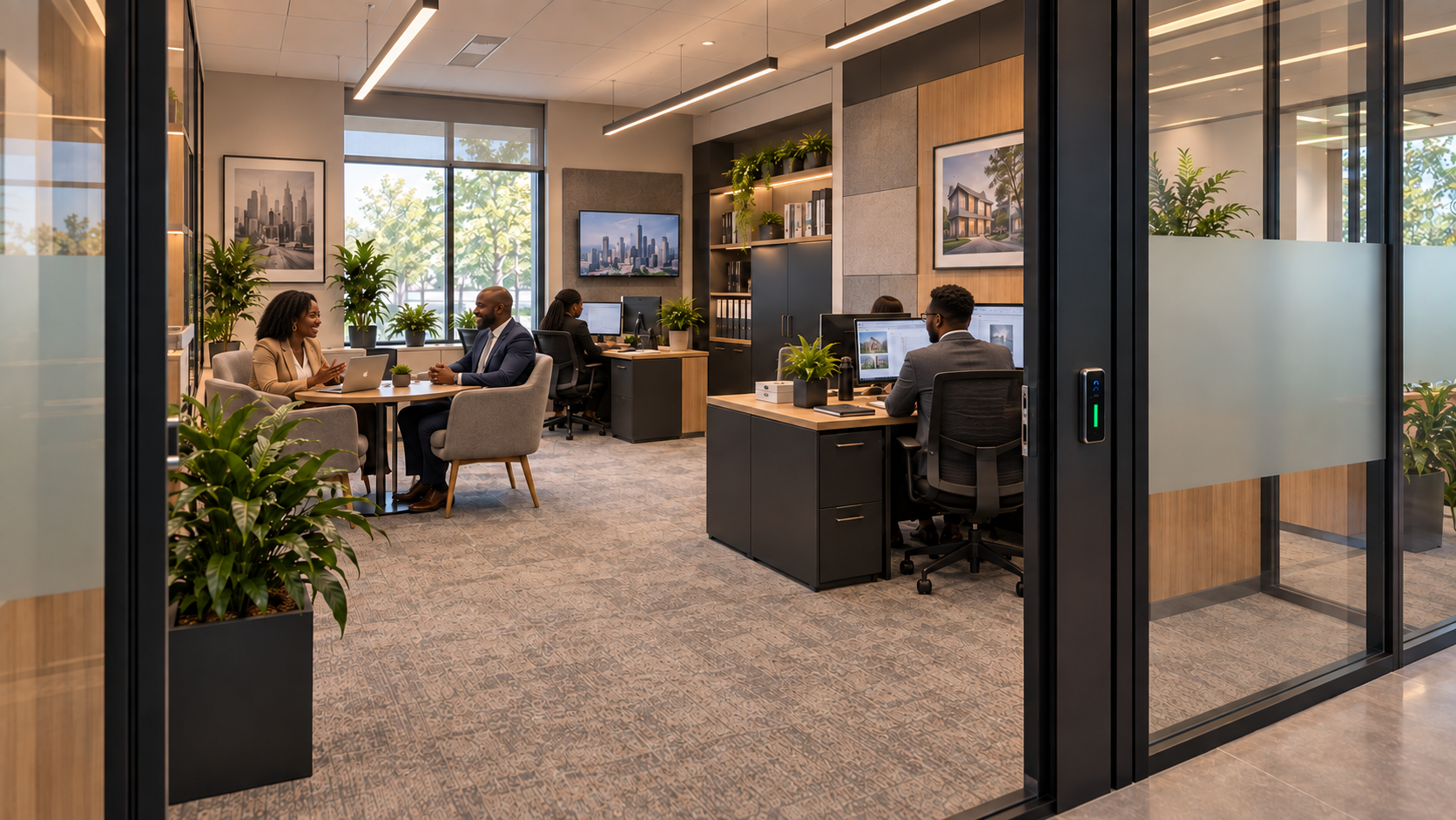 SirLuckHomes brokerage suite with Black professionals working