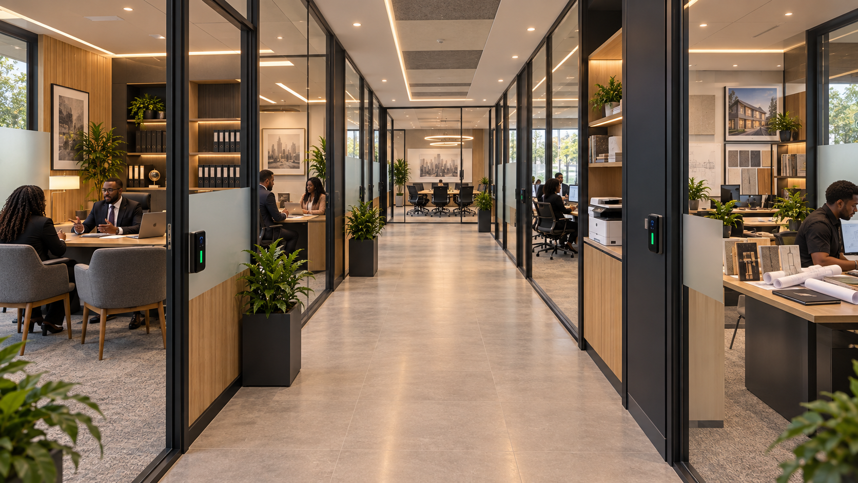 Secure professional corridor with glazed private offices