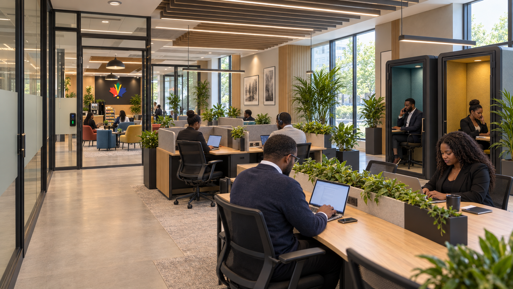 Quiet coworking area with shared tables, focused seats and phone booths
