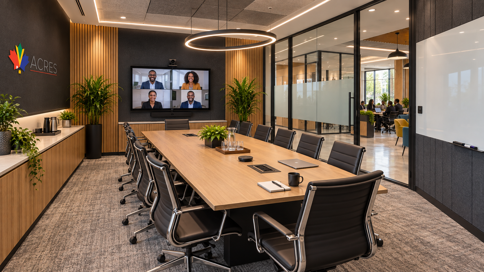 Large boardroom with table, presentation screen and acoustic glass
