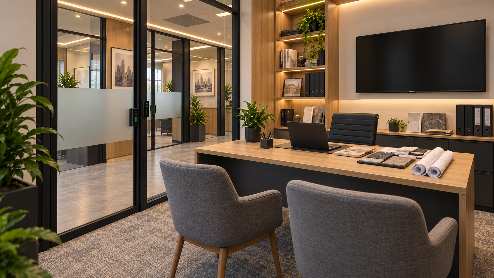 Contractor and builder consultation office with material samples