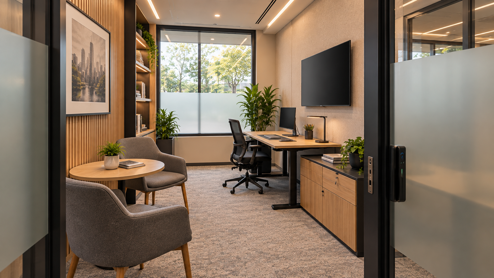 Flexible private office with sit-stand desk and visitor seating