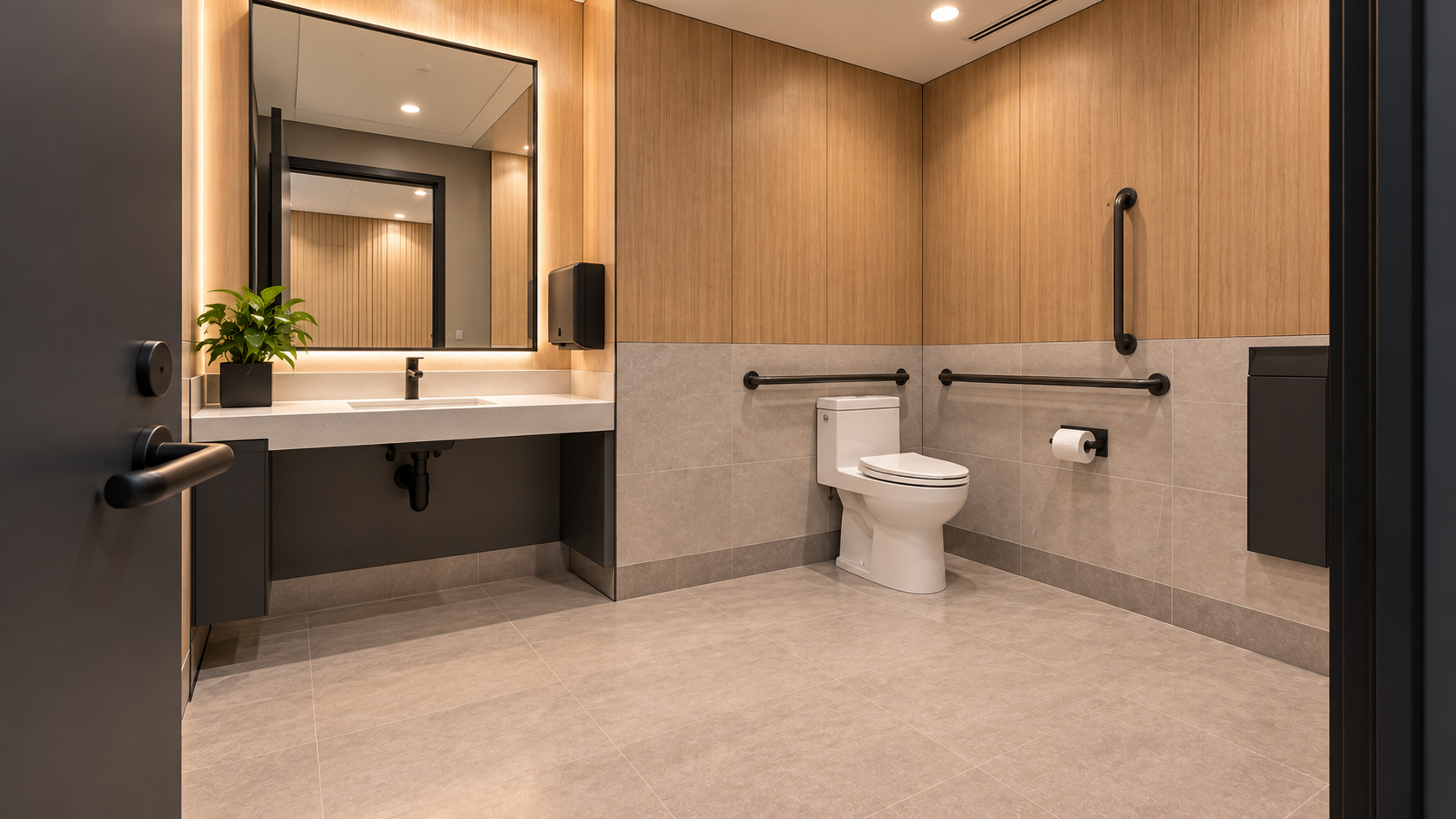 Illustrative single-user accessible washroom interior